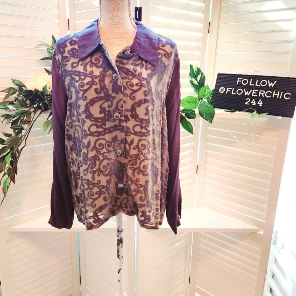 DIANE VON FURSTENBERG GRAY SILK/VELVET BUTTON DOWN BLOUSE SIZE LARGE